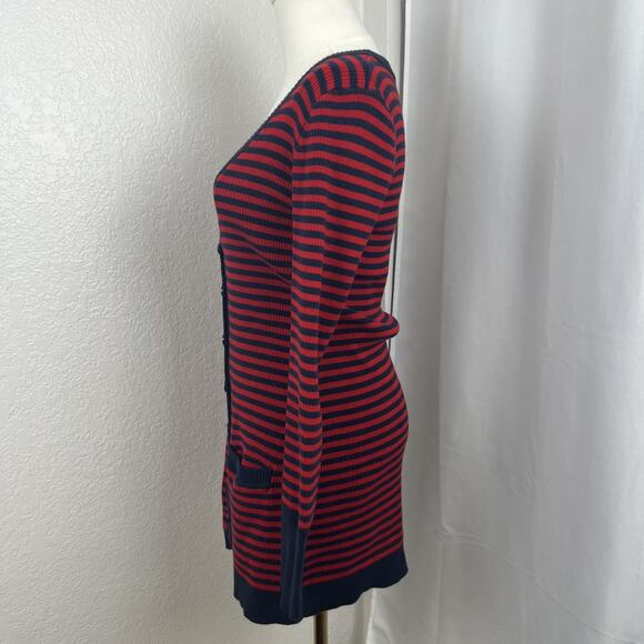 Y2K Love By Design Sweater Womens Medium Red Blue Striped Cardigan Preppy Twee - Picture 3 of 8